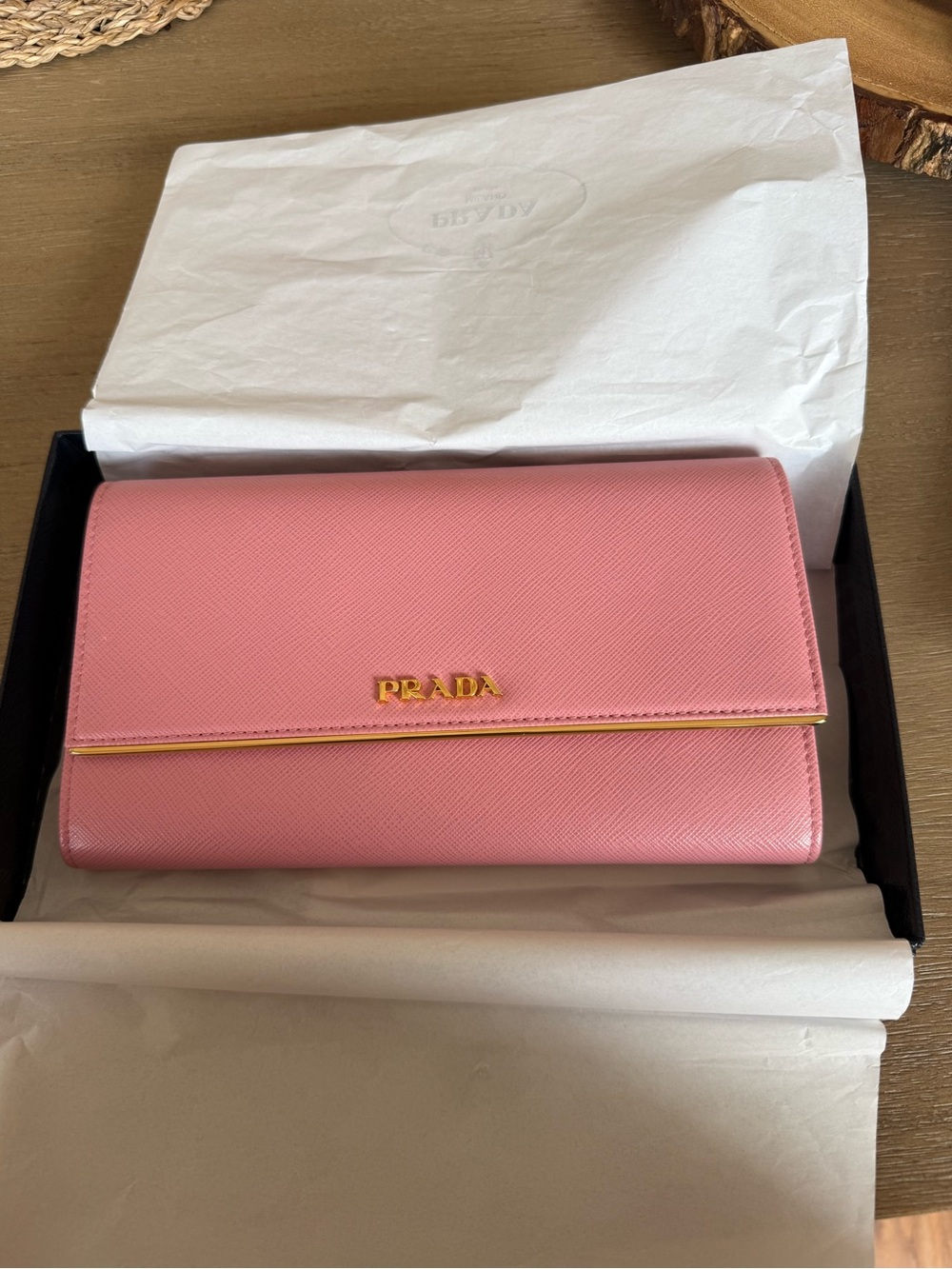 Authentic Prada Pink Saffiano Leather Wallet with Gold Logo Authentic